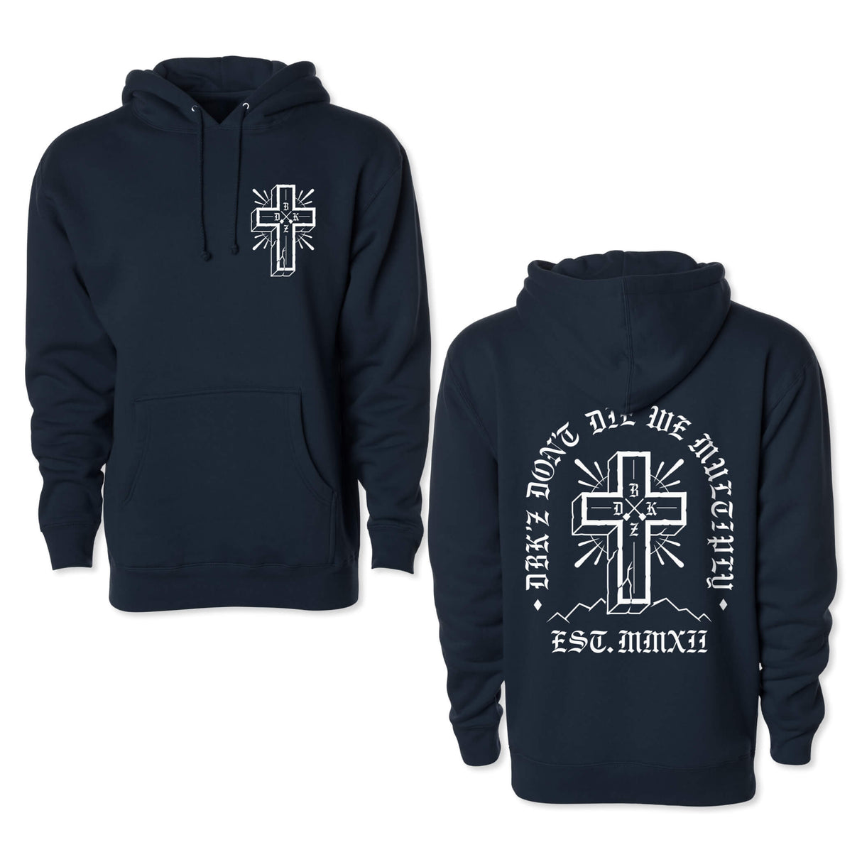 Navy hoodie with small front cross graphic, drawstring hood, and kangaroo pocket.