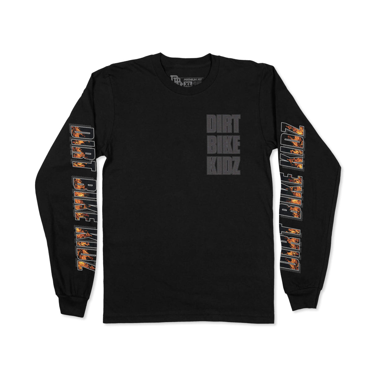 Black long-sleeve T-shirt with gray 'DIRT BIKE KIDZ' chest print and orange sleeve text