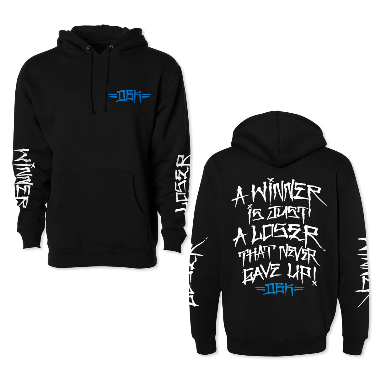 Black hoodie with blue chest logo, white sleeve print, and full back text graphic