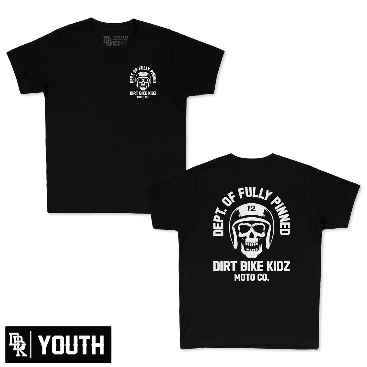 Youth premium black T-shirt with small left chest skull logo and graphic text on front