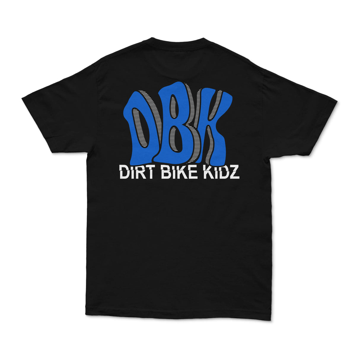 Black short-sleeve tee with large back DBK Dirt Bike Kidz graphic.