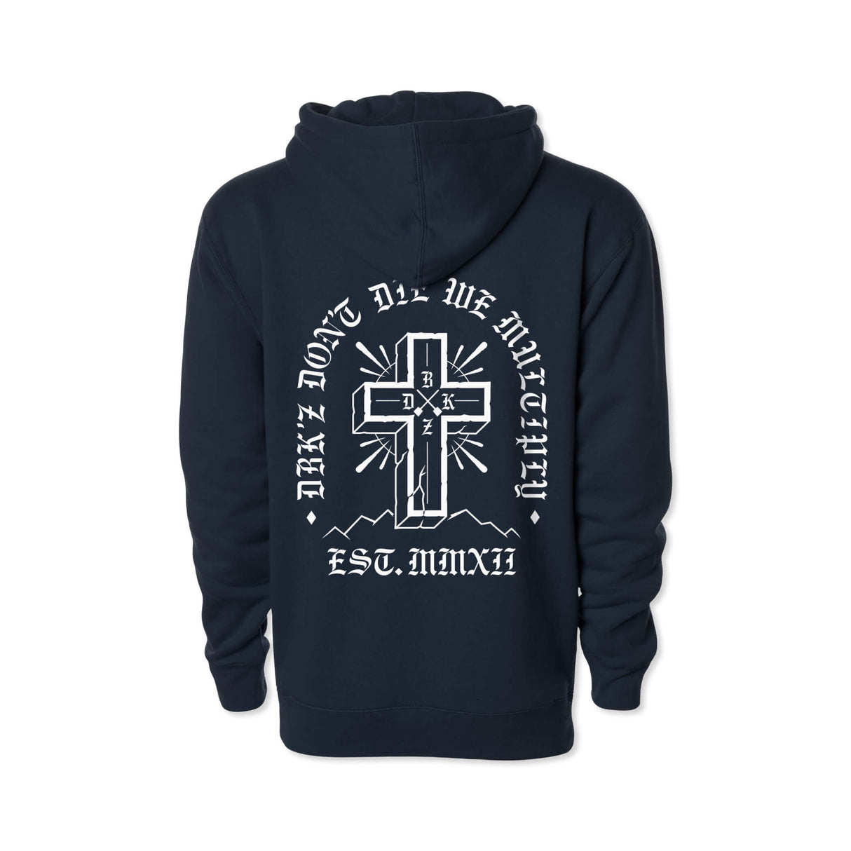 Navy hoodie back view with large white cross artwork and lettering, hood and pocket.