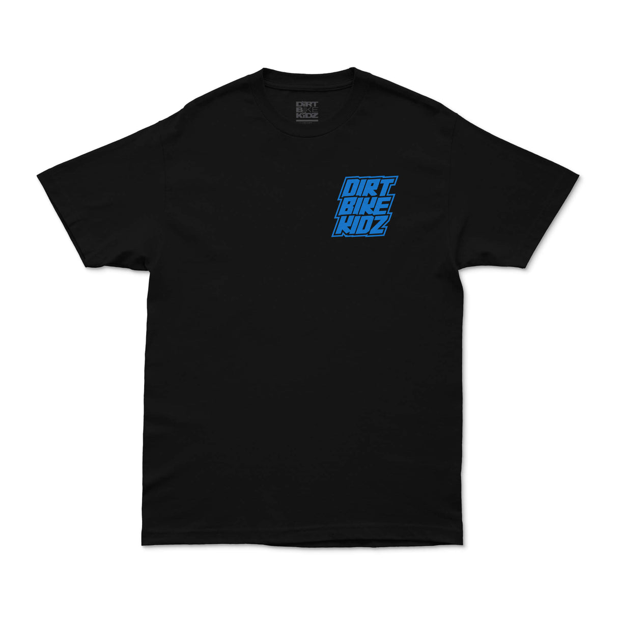 Black Safety Meeting tee with small blue Dirt Bike Kidz logo on front