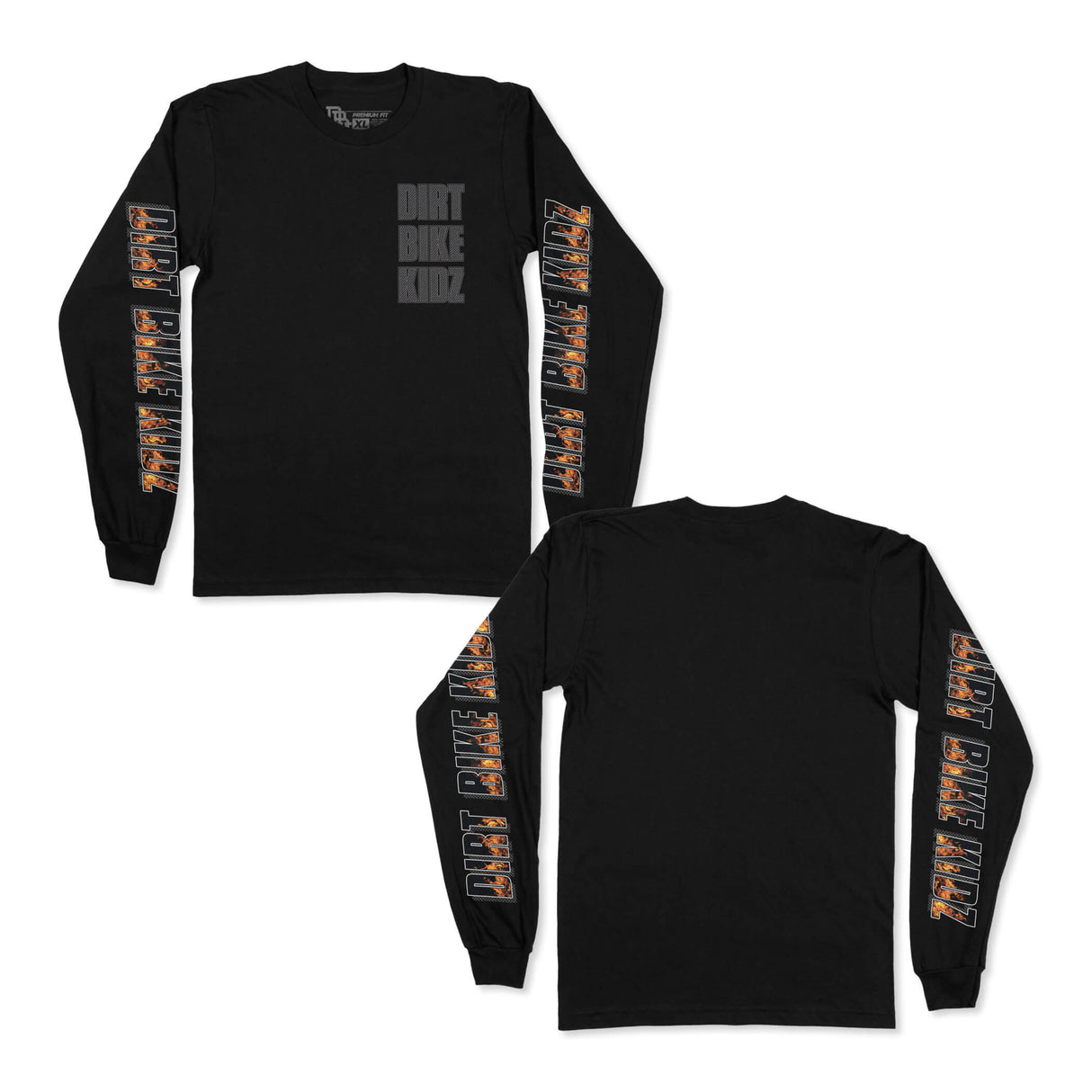 Black long-sleeve T-shirt pair; gray 'DIRT BIKE KIDZ' chest print, orange graphic sleeves