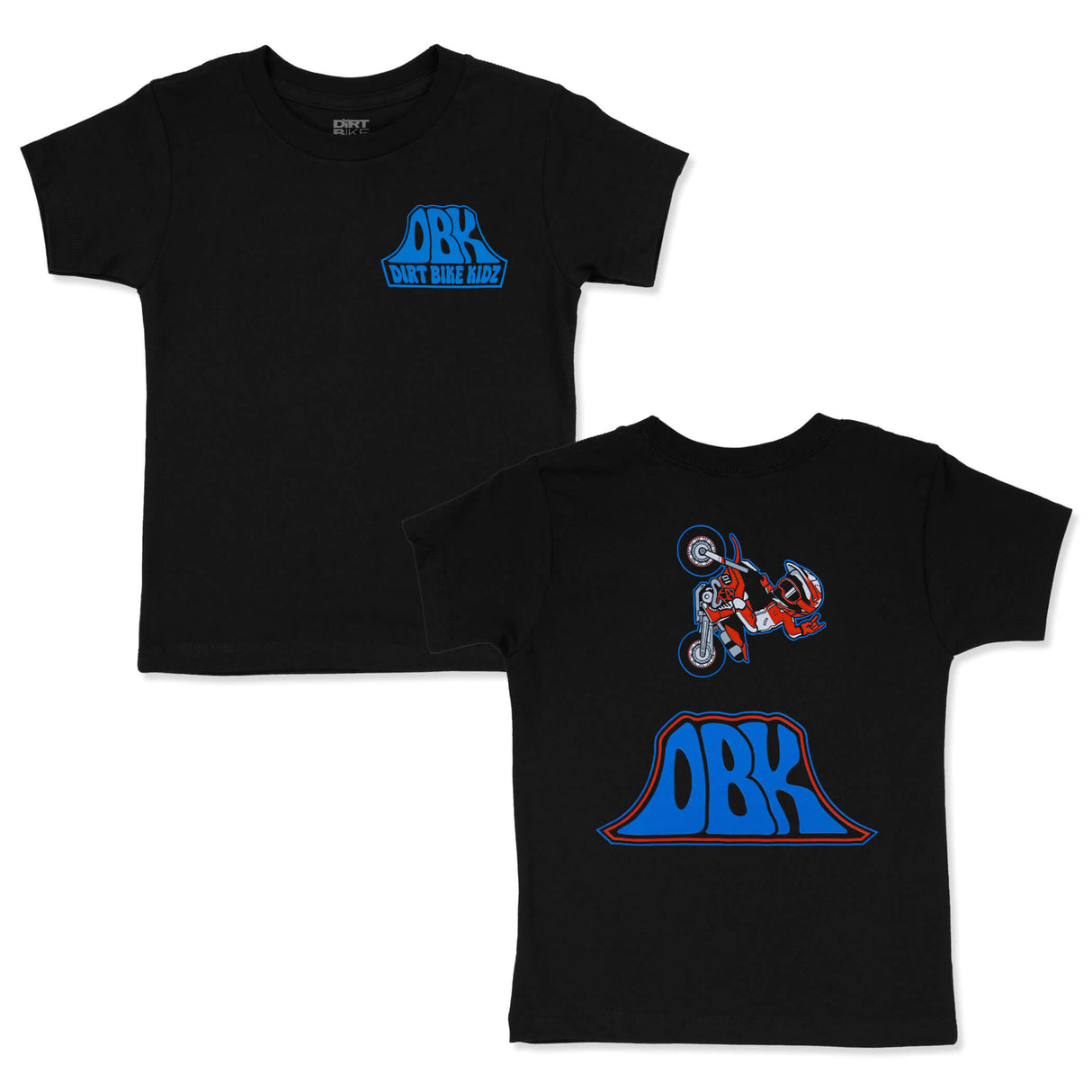 Toddler black T-shirt with small blue DBK Dirt Bike Kidz chest graphic