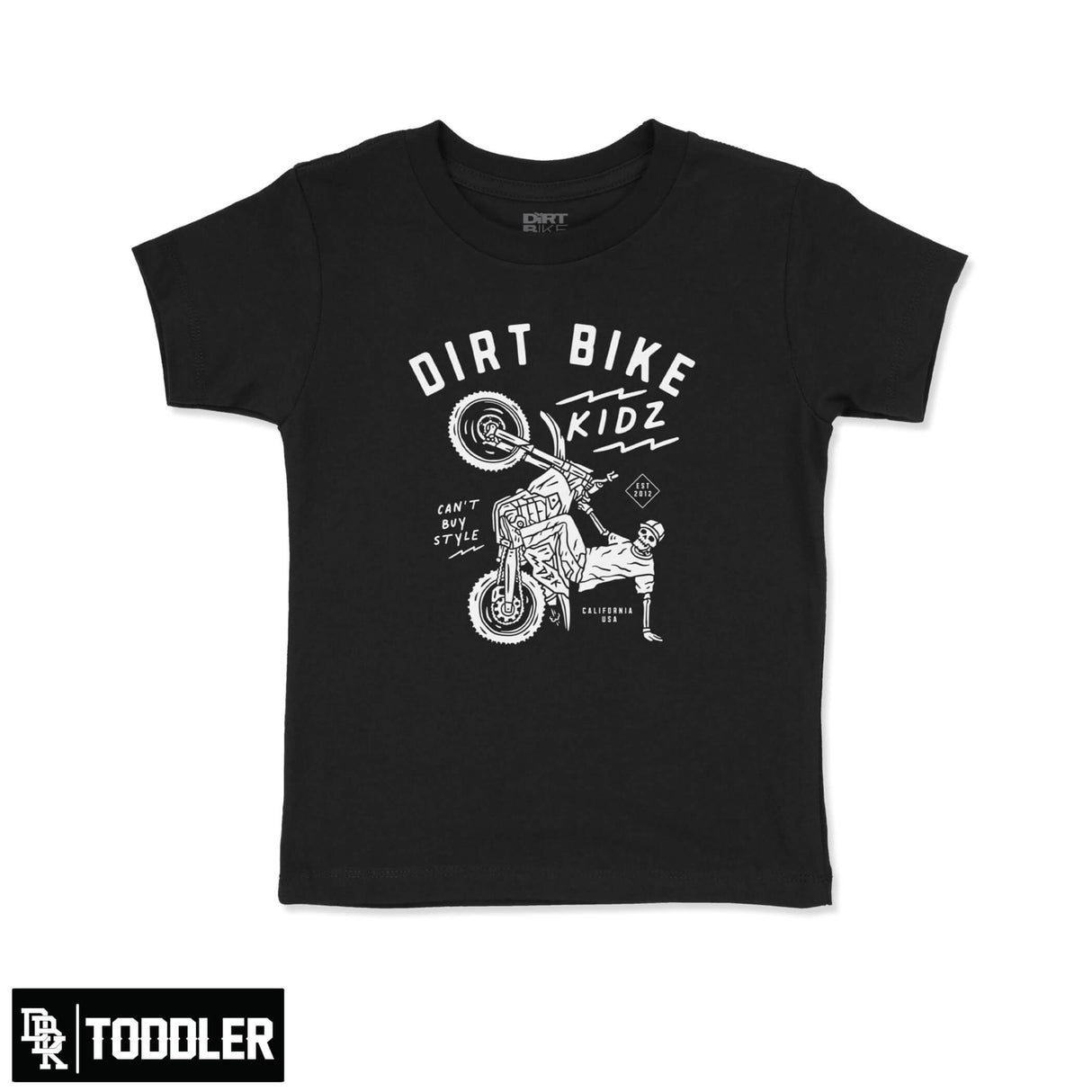 Black toddler T-shirt with white bike rider graphic front, short sleeves and crew neck