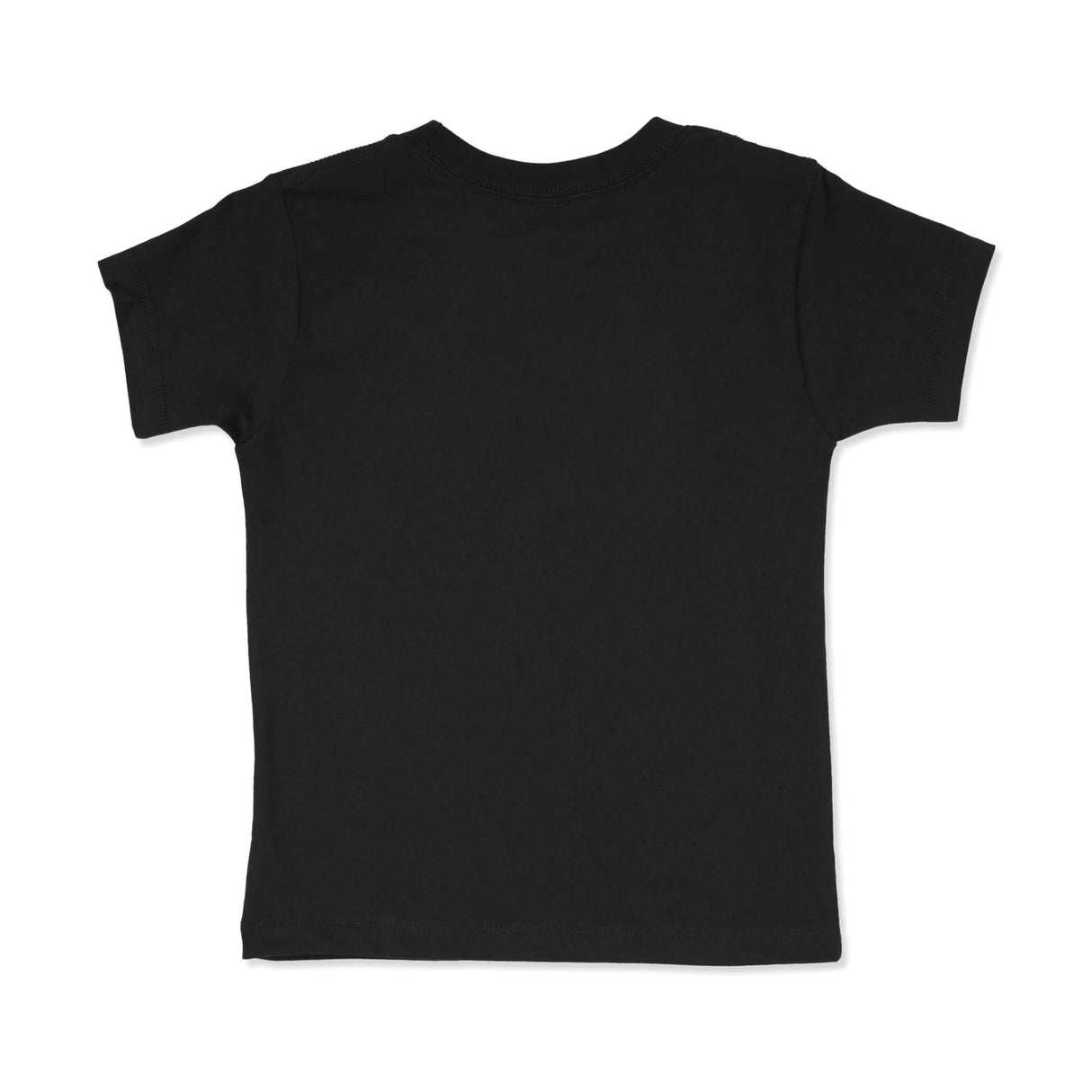 Black toddler T-shirt back view, plain short sleeves and crew neck