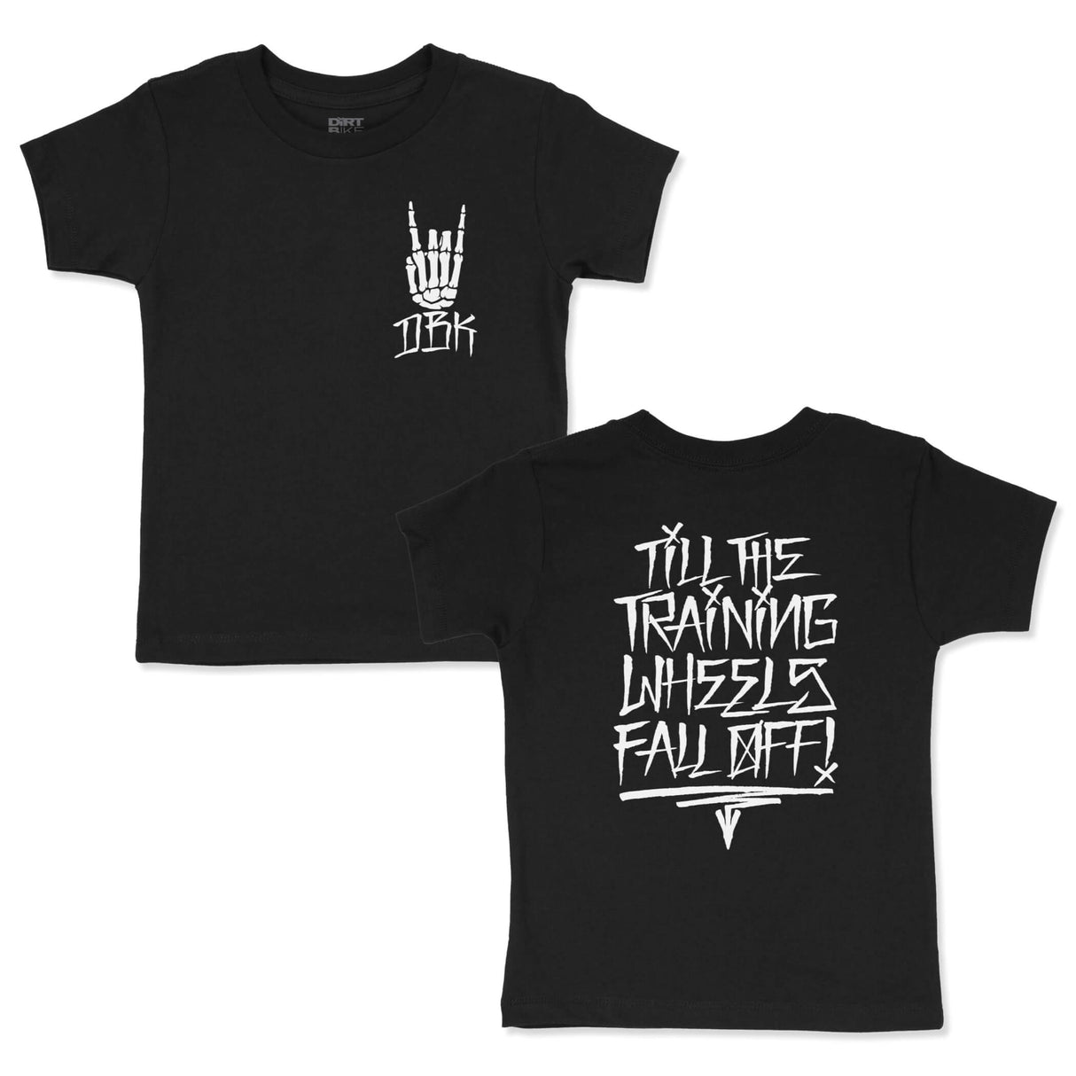 Black toddler tee set showing front and back designs with white hand/text graphics