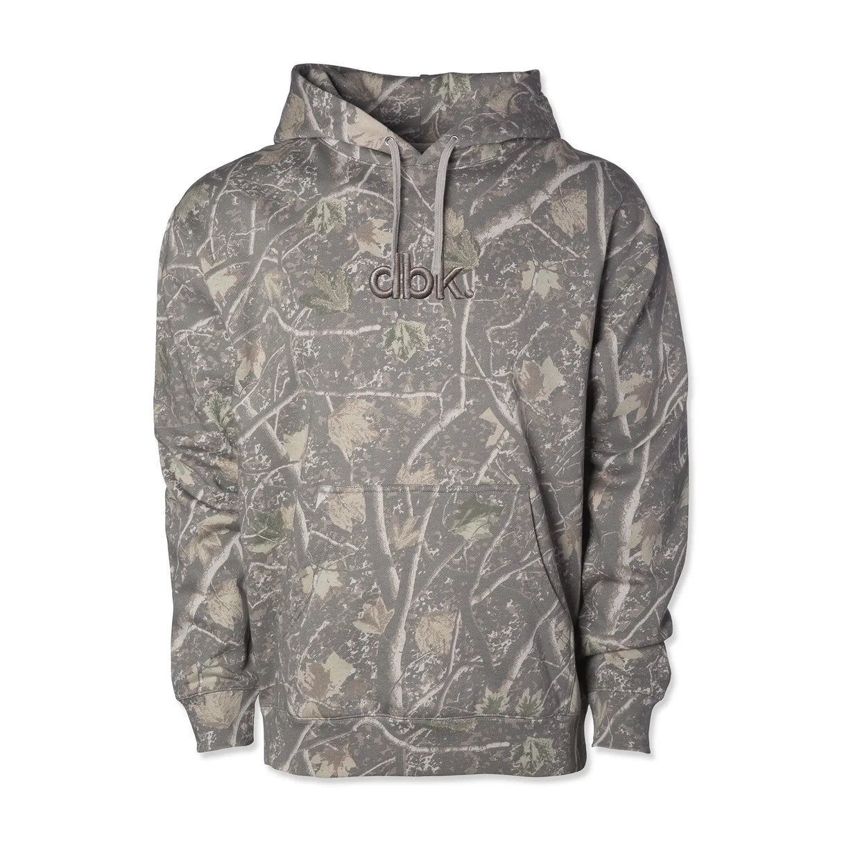 Backwoods hoodie in gray and tan camouflage with hood and front drawstring, kangaroo pocket