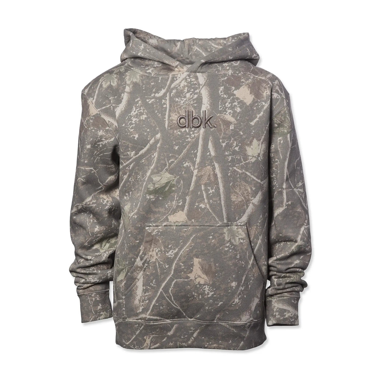 Youth camouflage pullover hoodie with front kangaroo pocket and hood.