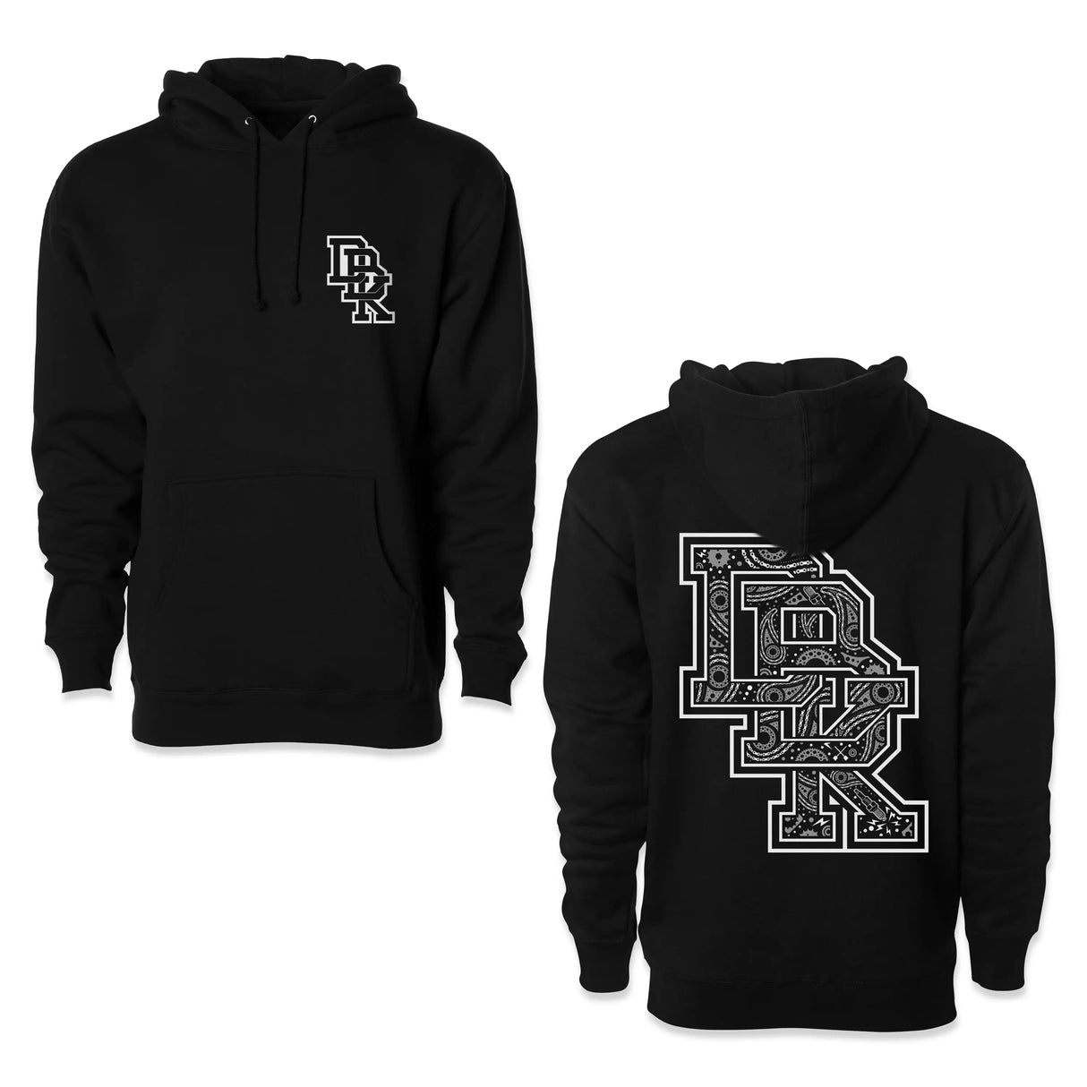 Black hoodie with front kangaroo pocket, drawstring hood, and white logo on chest