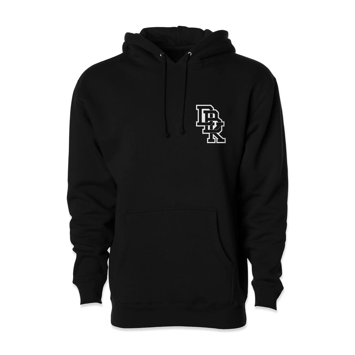 Black hoodie with front kangaroo pocket, drawstring hood, and small white logo on chest