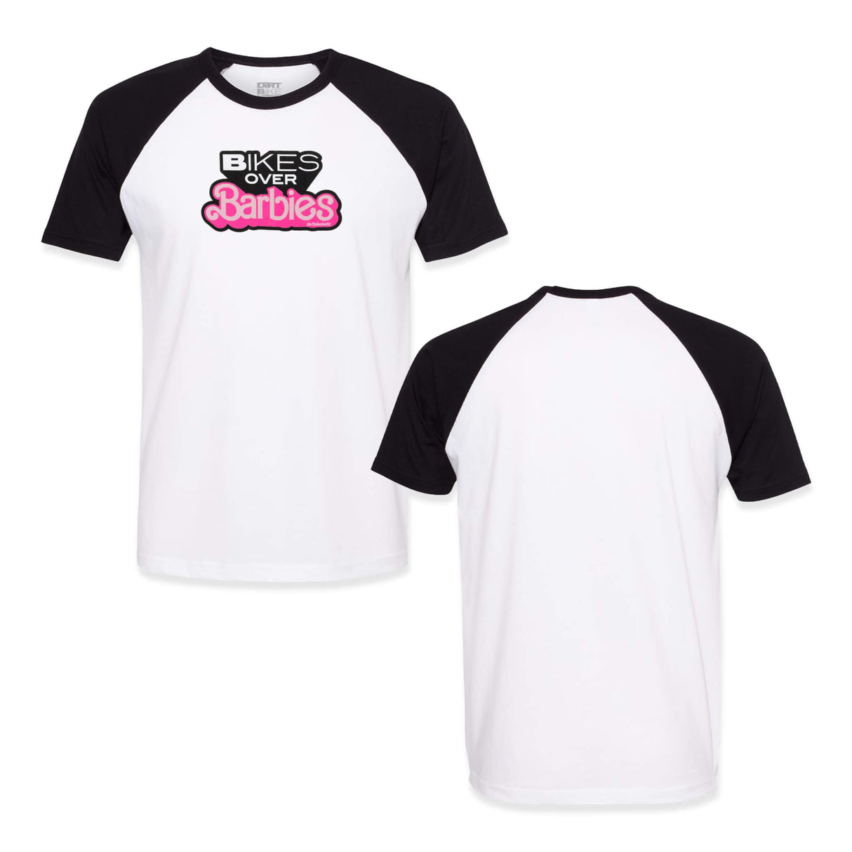 White and black raglan T-shirt showing front logo and plain back