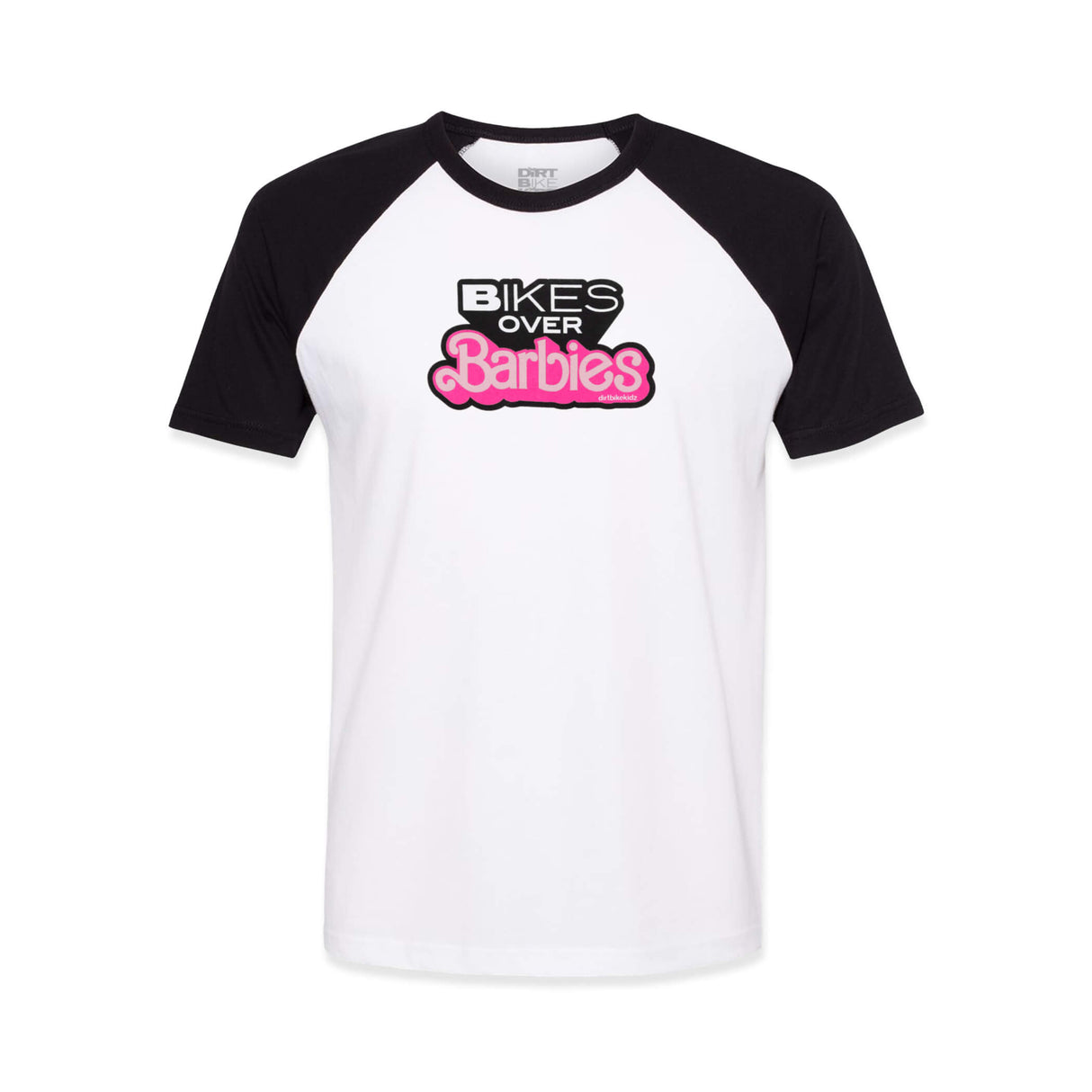 White raglan T-shirt with black sleeves and Bikes Over Barbies logo on chest