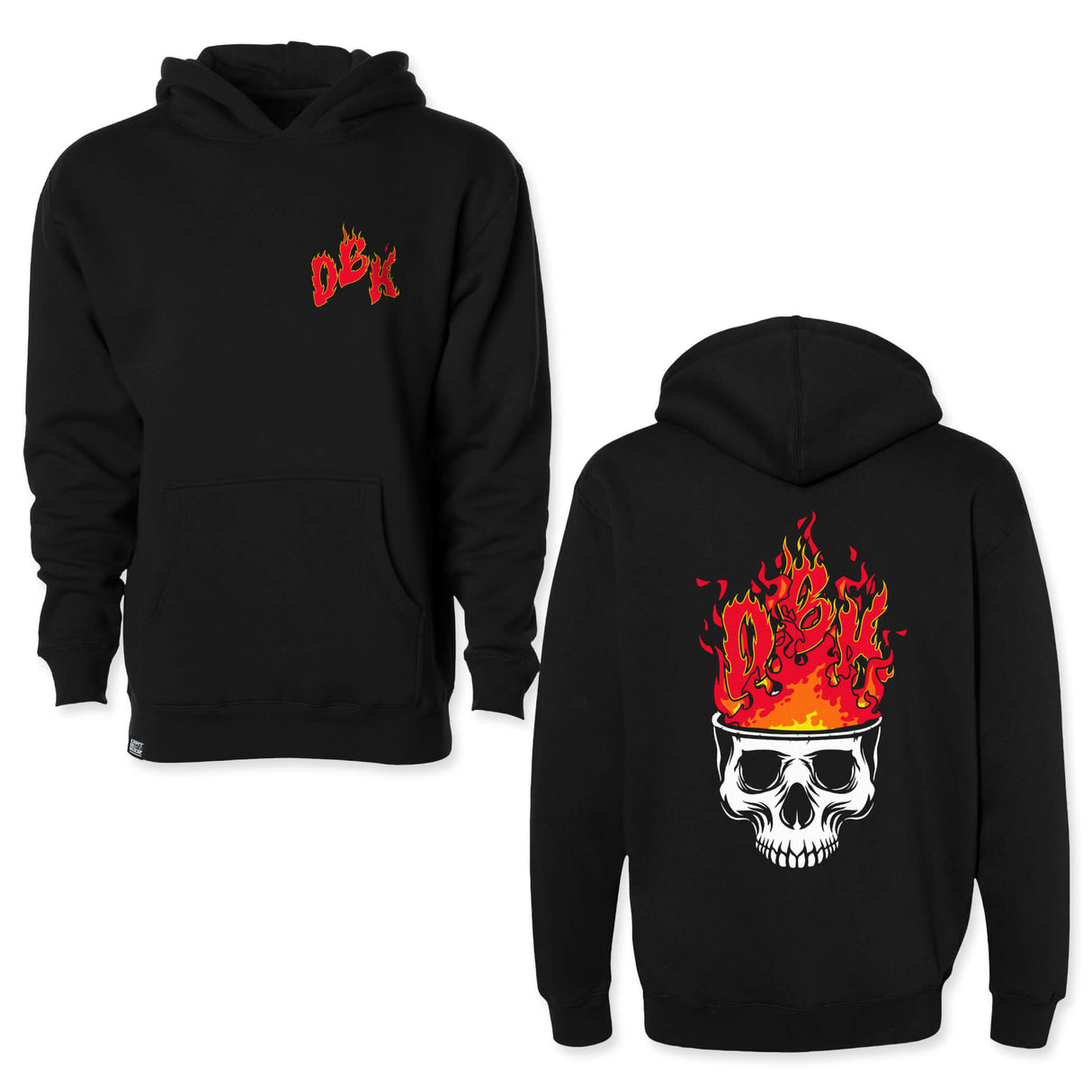 Black youth hoodie front and back views, red logo front and flame skull back