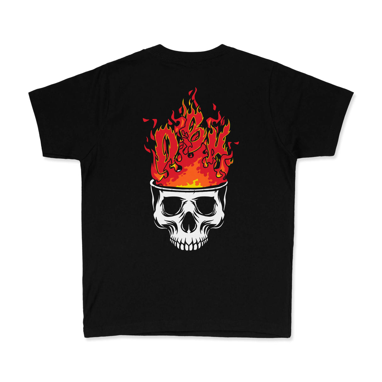 Youth premium tee, black with large flame skull graphic on back