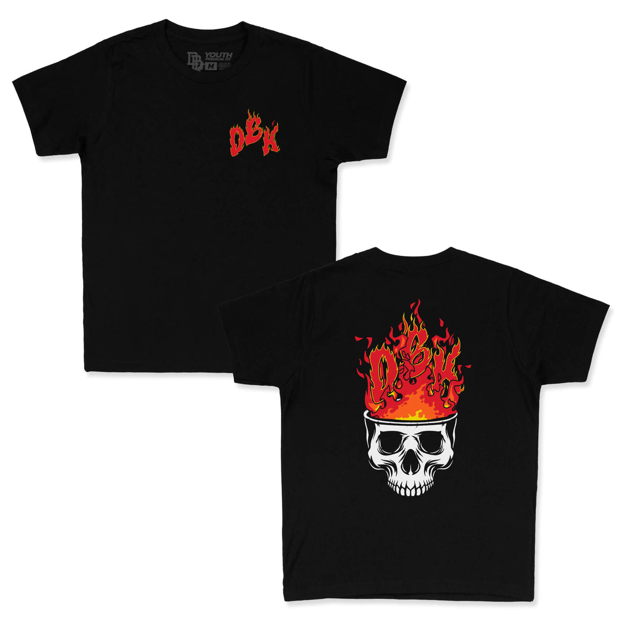 Youth premium tee pair: black shirts, small dBk front print and skull flames back