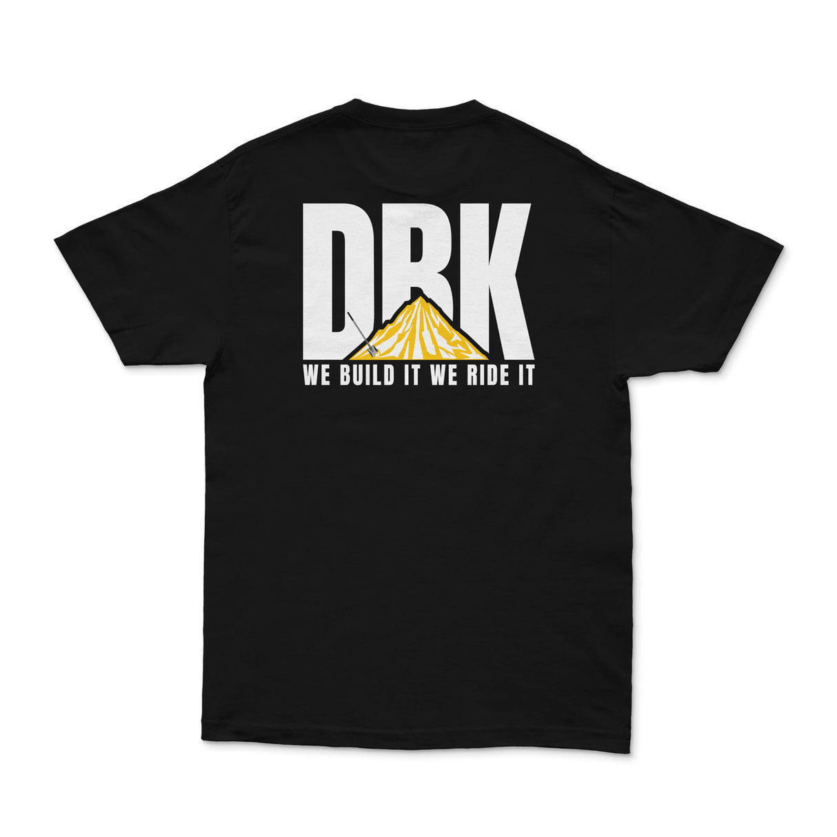 Black crewneck T-shirt close-up of DRK mountain logo with 'WE BUILD IT WE RIDE IT'