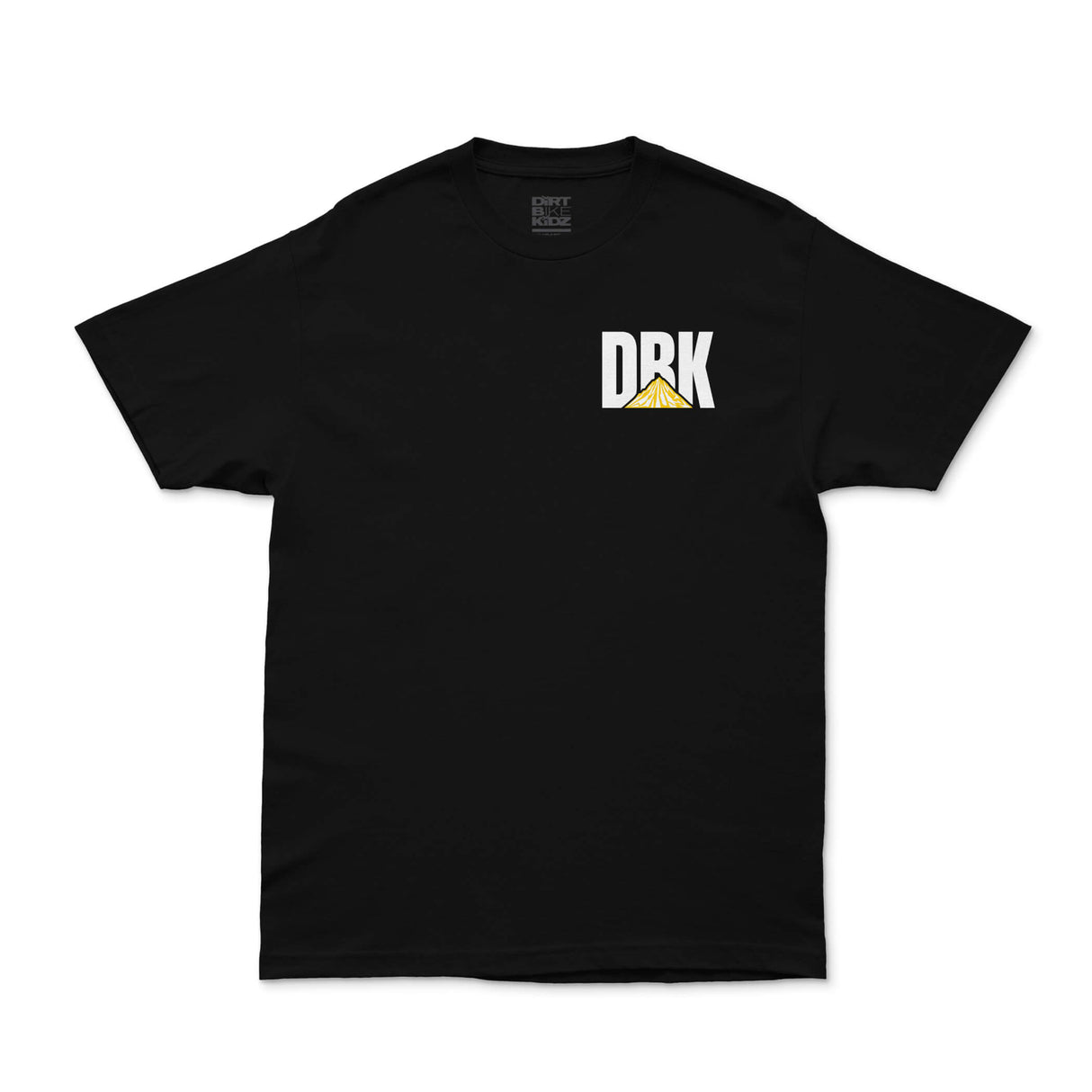 Black crewneck T-shirt back view with DRK mountain logo and slogan across upper back
