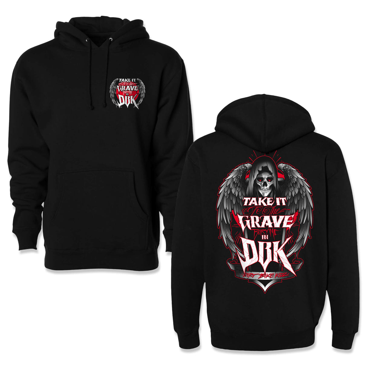 Black hoodie with front pocket, drawstring hood, and small chest graphic