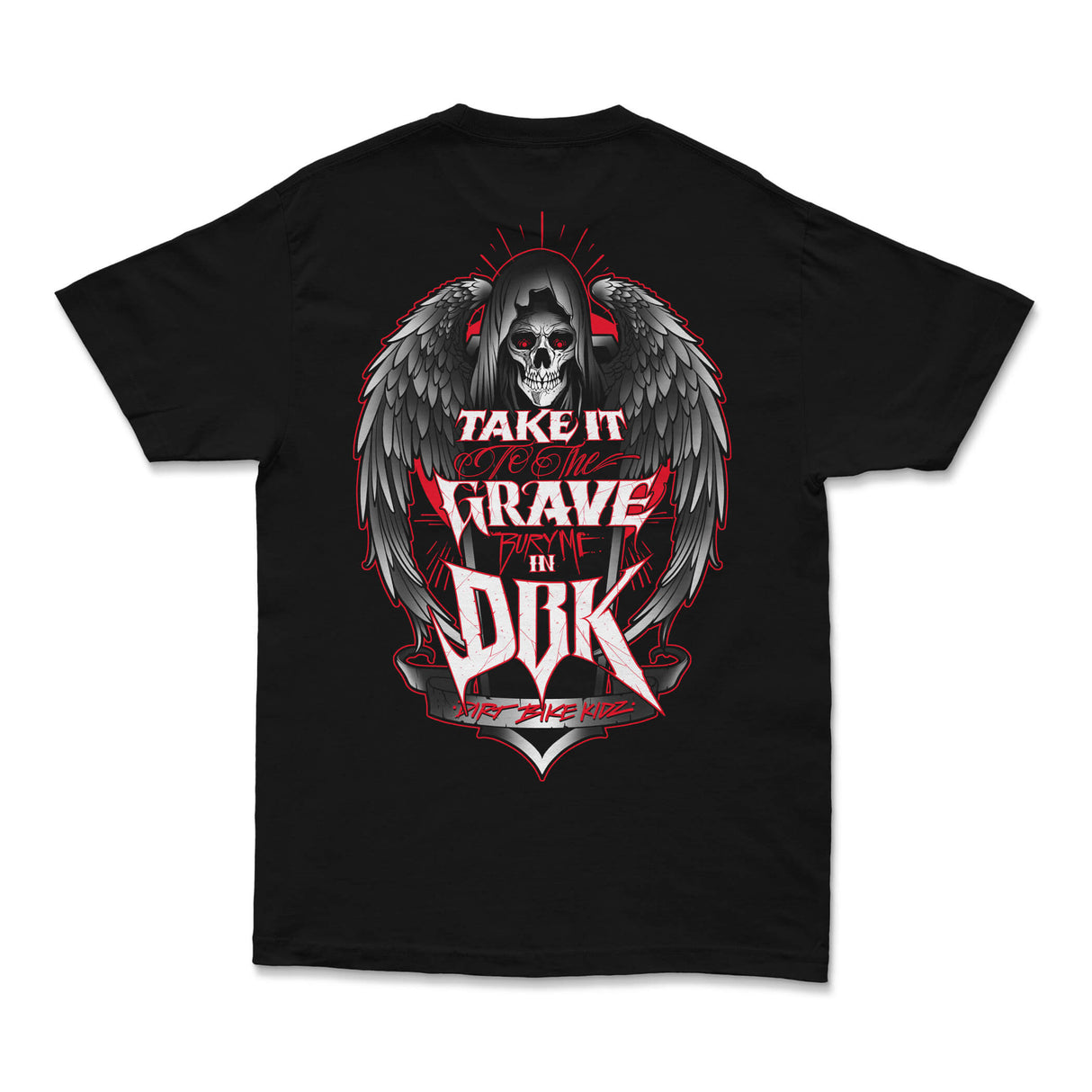 Black graphic T-shirt with large back skull-and-wings emblem and bold red/white lettering
