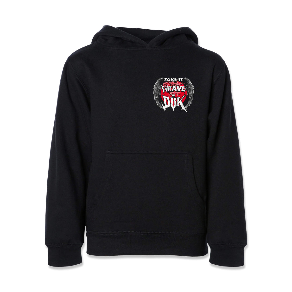 Black youth hoodie with small chest emblem and kangaroo pocket.
