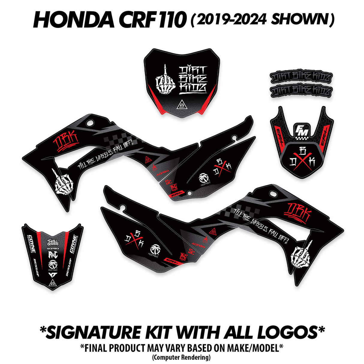 Pit bike decal graphics kit with black panels and red accents, multiple pieces