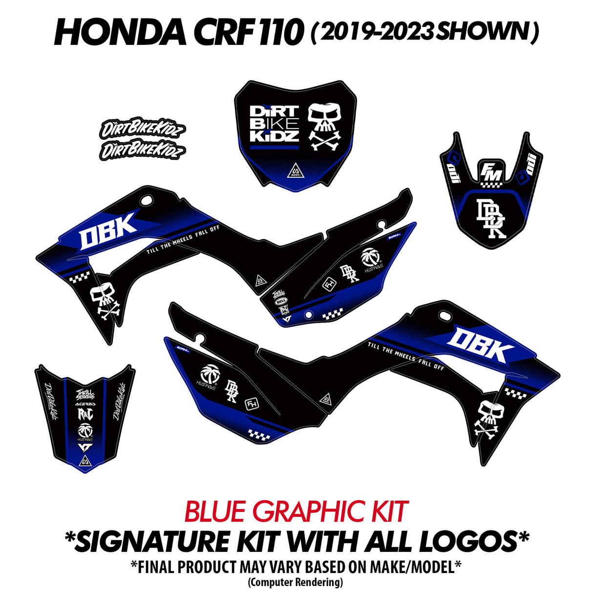 DBK pit bike graphic decal kit with blue and black panels for side and front covers