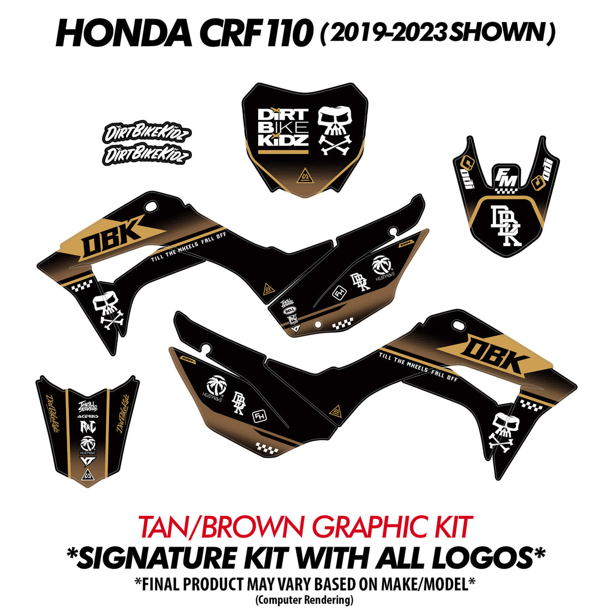 DBK pit bike graphic decal kit with tan and black panels for side and front covers