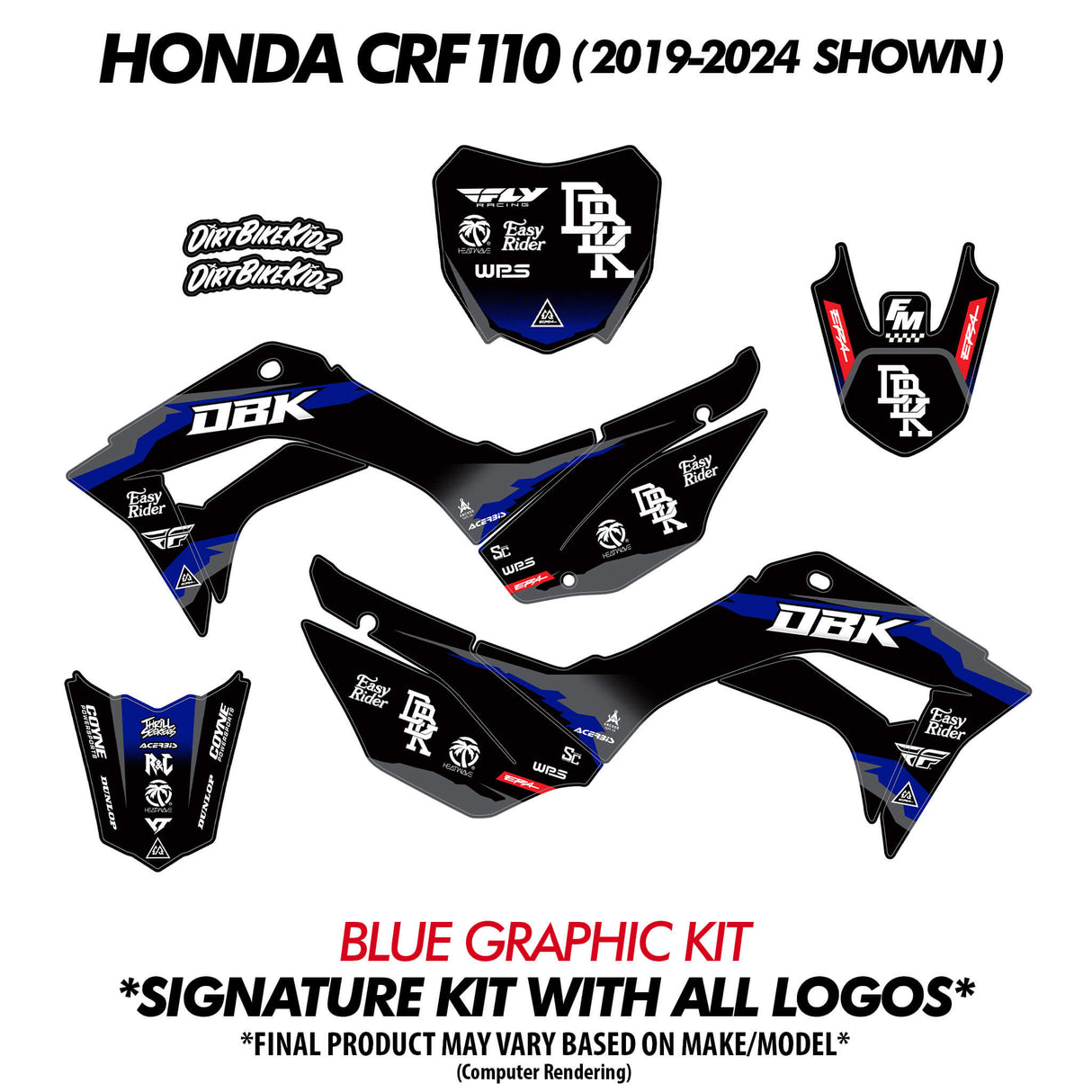 Pit bike graphics kit with black base and blue accents on side panels