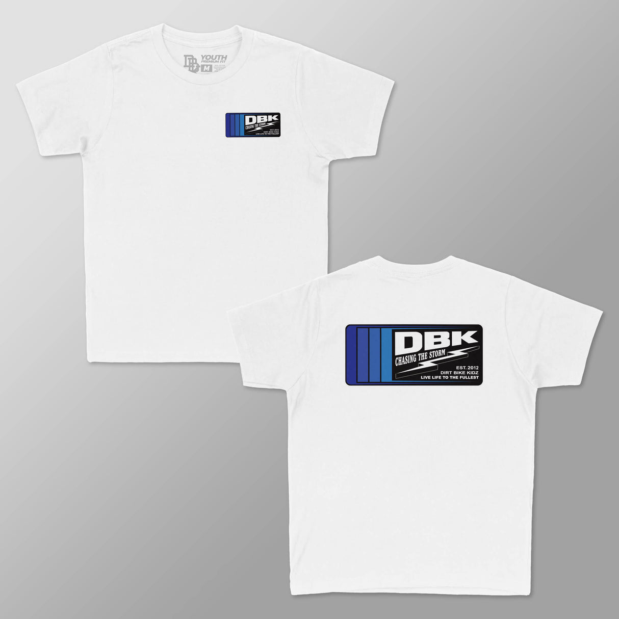 Youth premium tee set on display, white front and back with DBK logo graphics