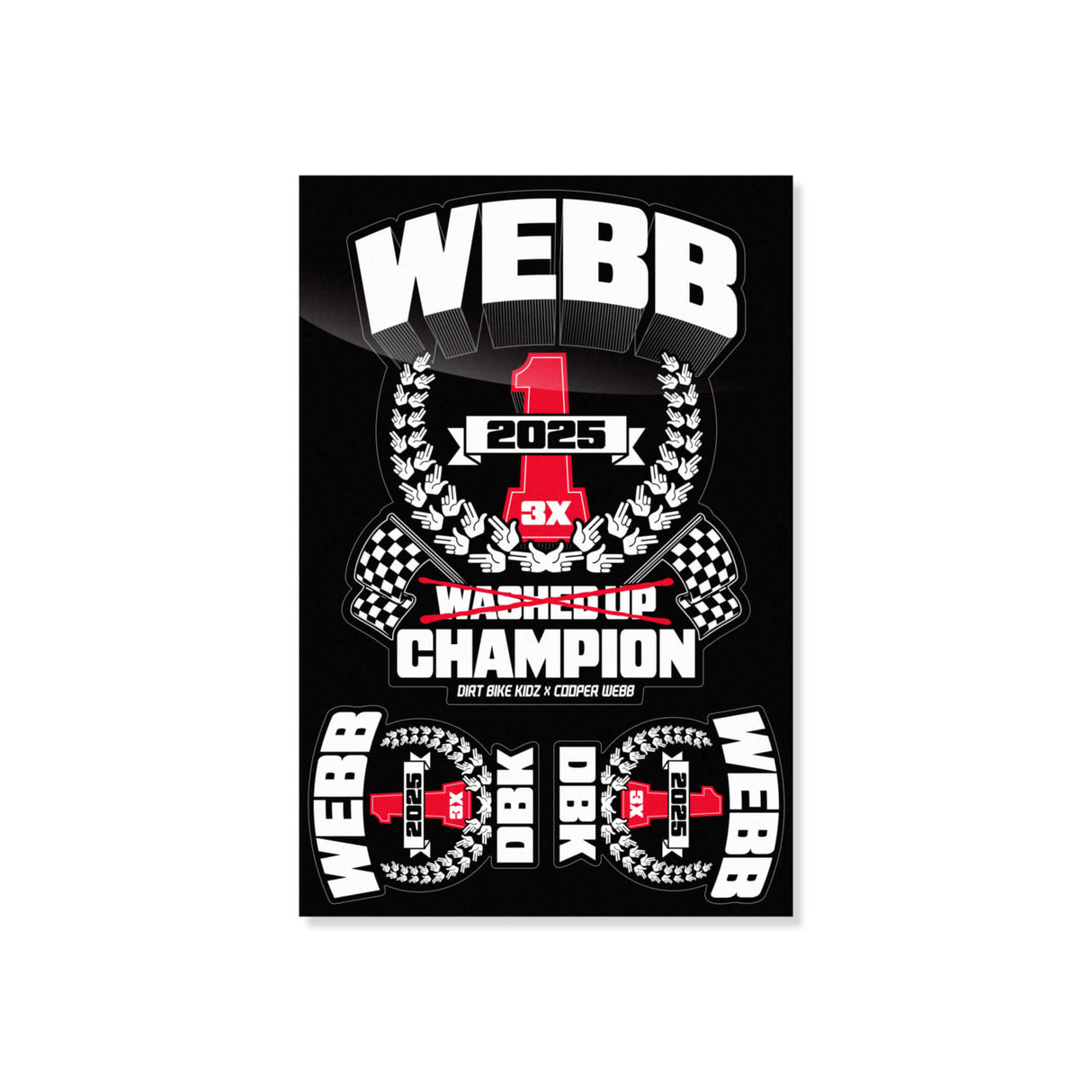 Sticker sheet with WEBB 2025 champion graphic, red number 1 and laurel wreaths