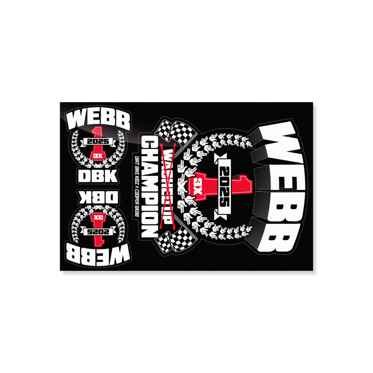 Sticker sheet with WEBB racing collage, red 1, checkered flags, and laurel icons
