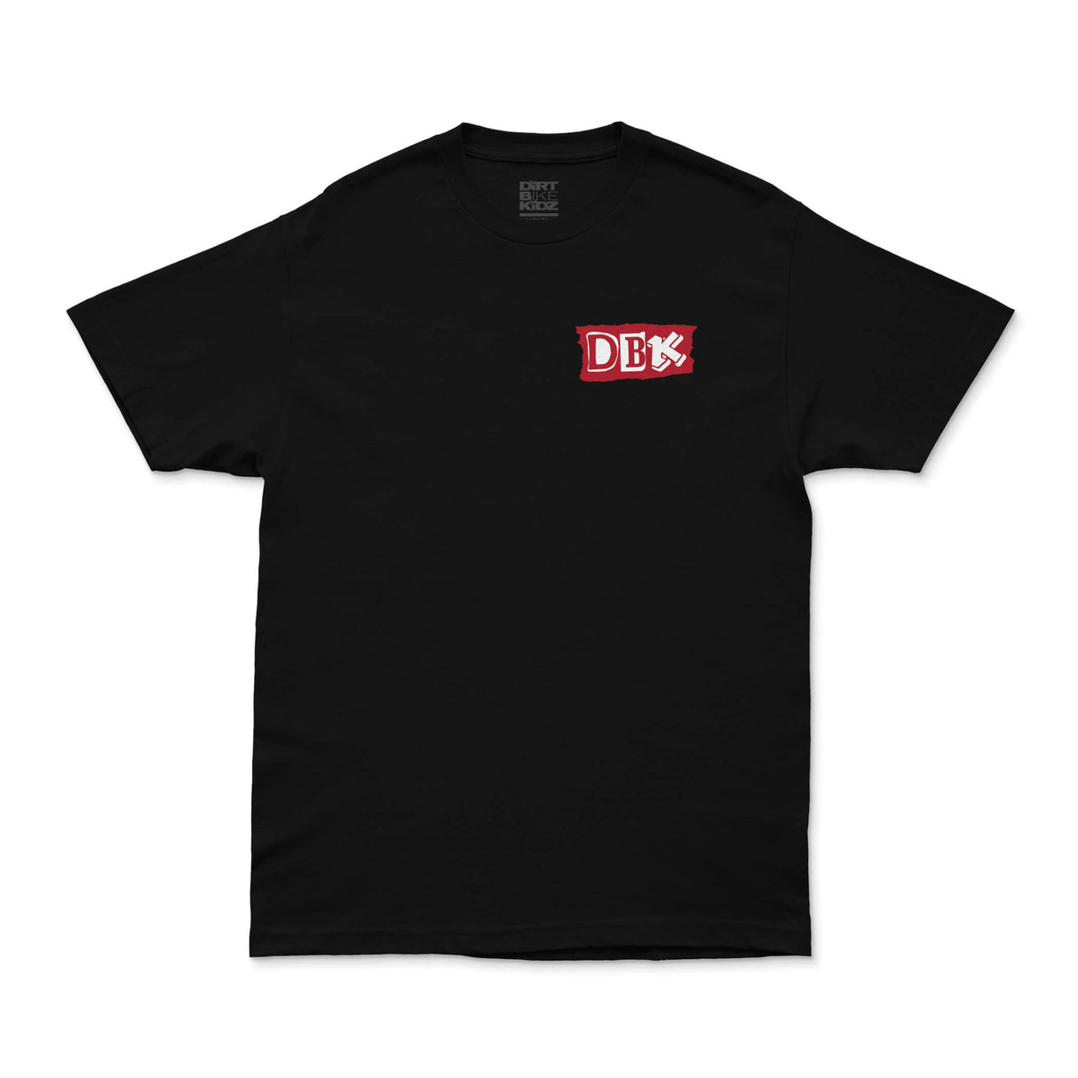 Black Shifting Gears tee with small red DBK logo on chest