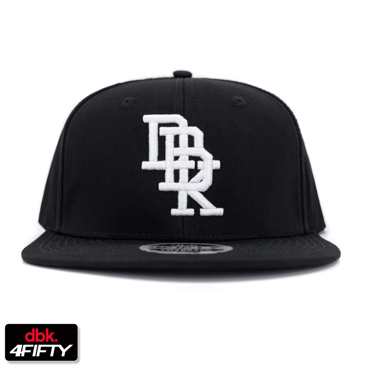Black snapback cap with white embroidered DBK 4Fifty logo on front panel