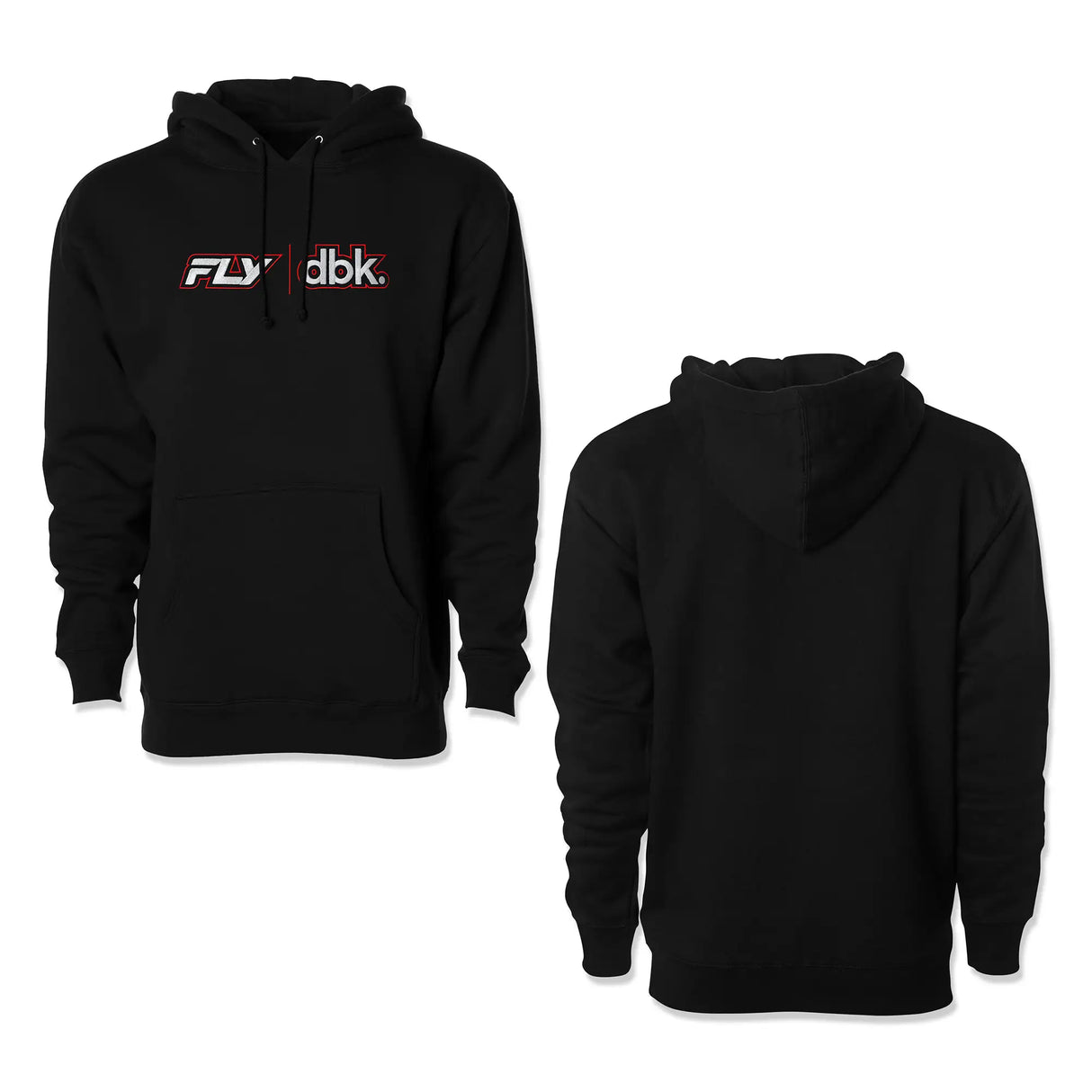 Black FLY x dbk hoodie shown front and back, with logo print and drawstring hood