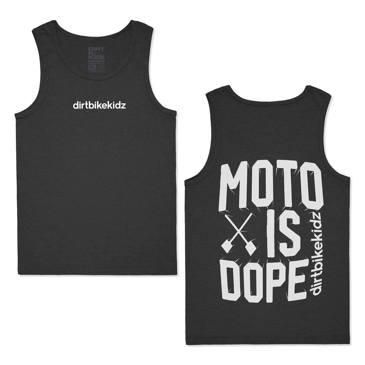 Dark gray tank top with 'dirtbikekidz' chest logo, sleeveless.