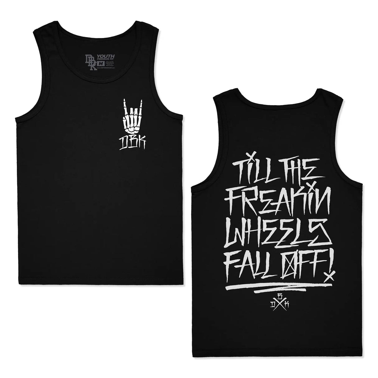 Black youth premium tank top, small chest hand logo; back has large lettering graphic.
