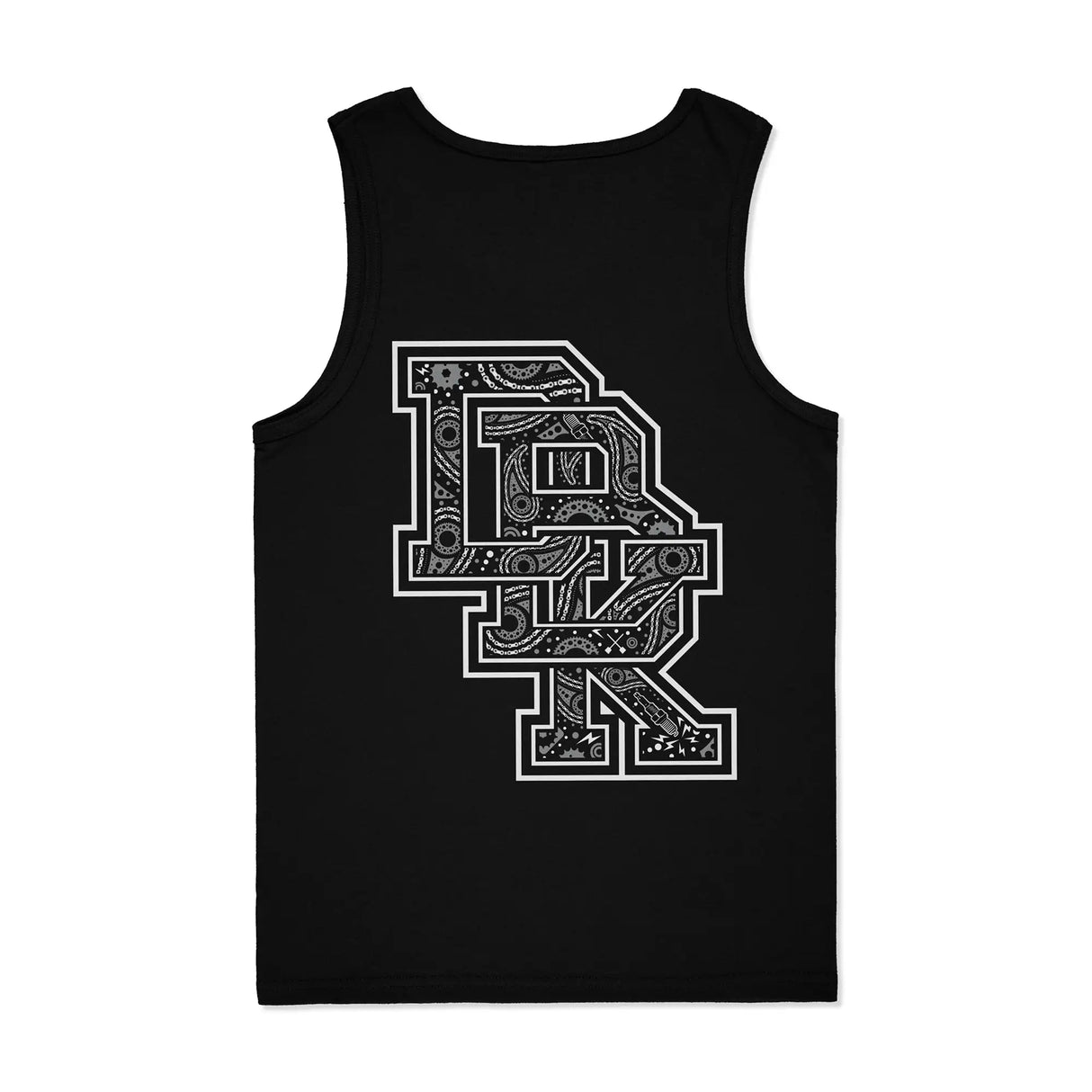 Black tank top with large patterned front logo graphic