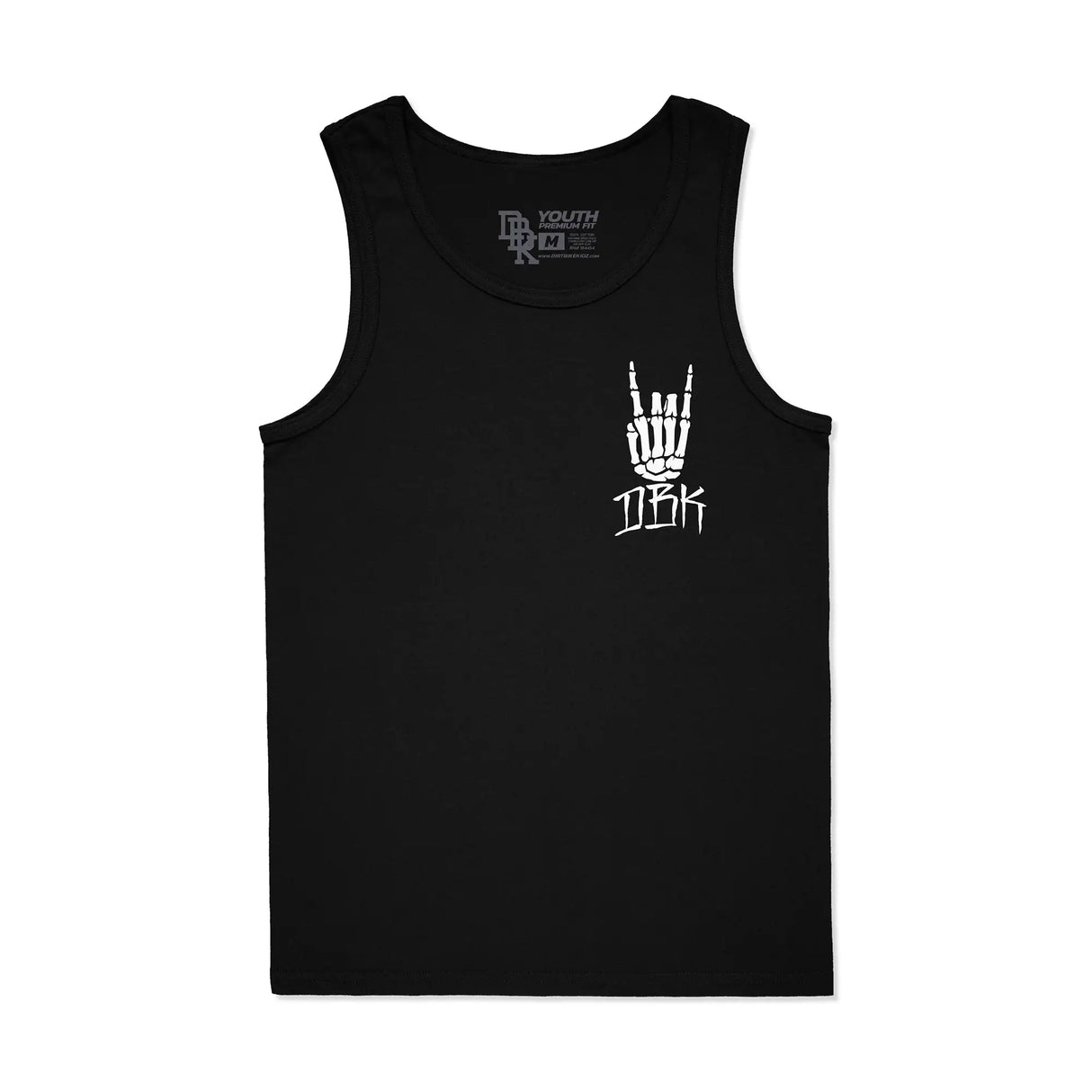Black youth premium tank top with small white hand-and-text logo on chest.