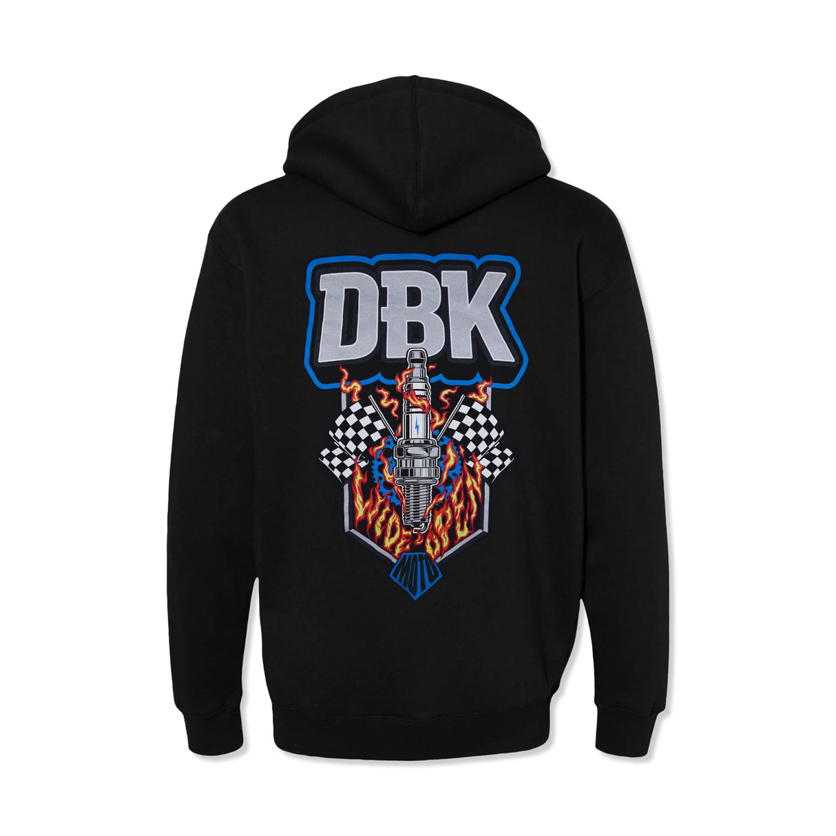Wide Open pullover hoodie in black with large DBK back graphic