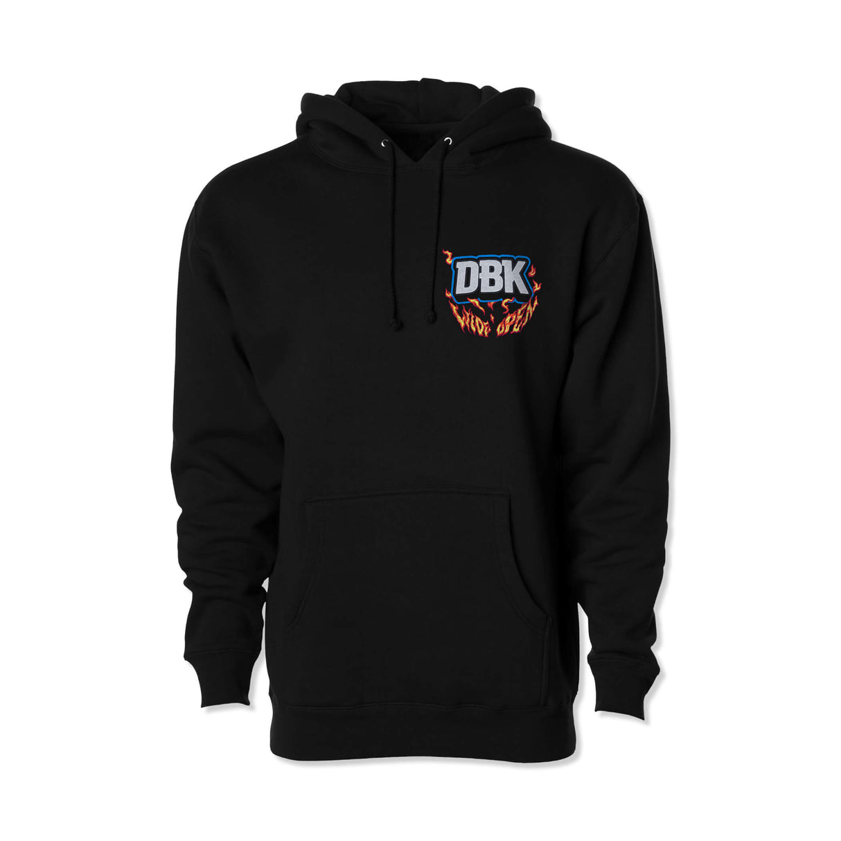 Black wide open hoodie front view with drawstring hood, kangaroo pocket, and small DBK logo