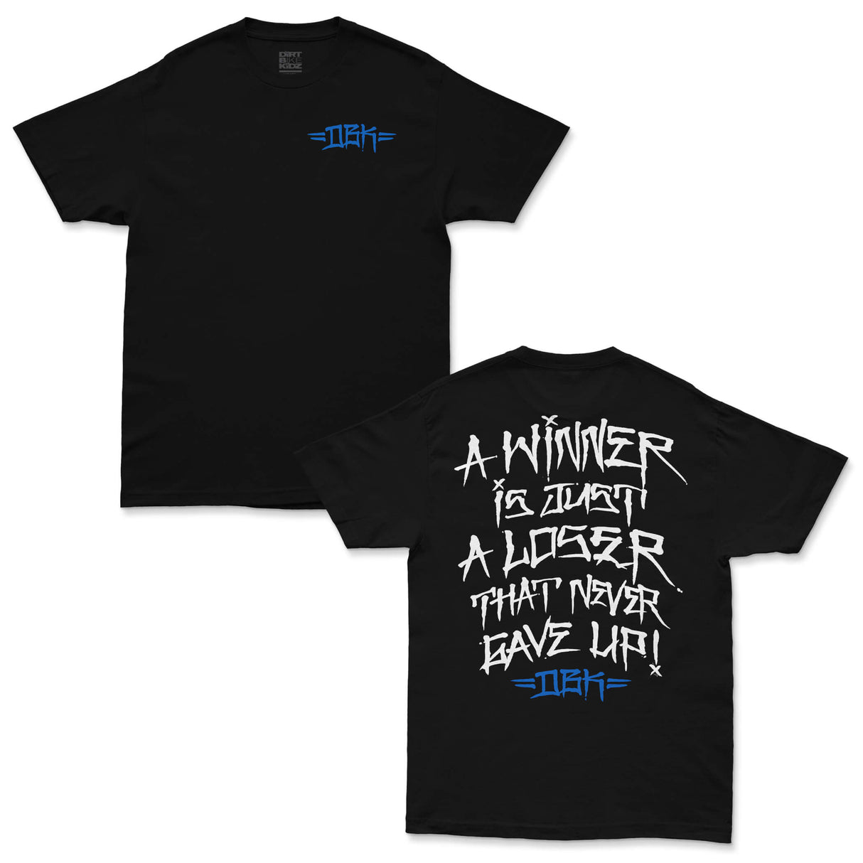 Black graphic T-shirt with blue logo and white slogan text print