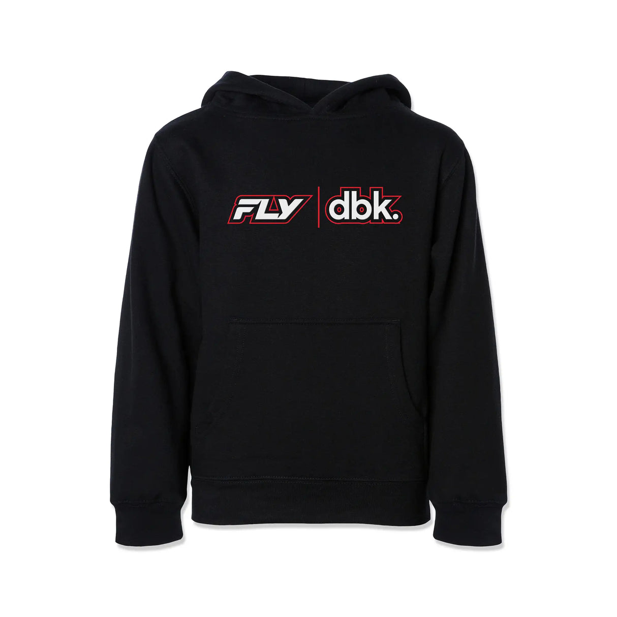 Youth black hoodie front view with FLY dbk logo and kangaroo pocket