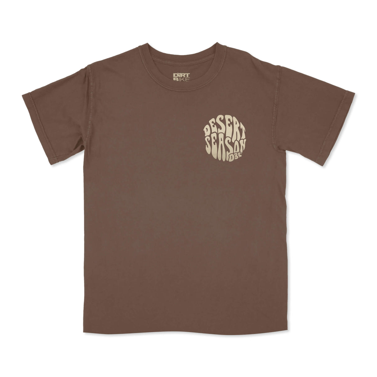 Brown womens graphic T-shirt on model with Desert Season logo on front chest