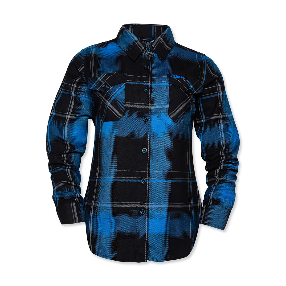Women’s blue-and-black plaid flannel shirt with button-front and point collar