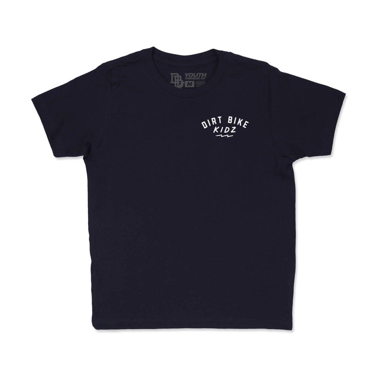 Navy youth premium tee with small DIRT BIKE KIDZ logo on chest