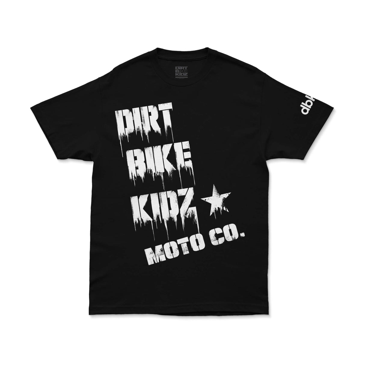 Black graphic T-shirt with front print and star detail, short sleeves