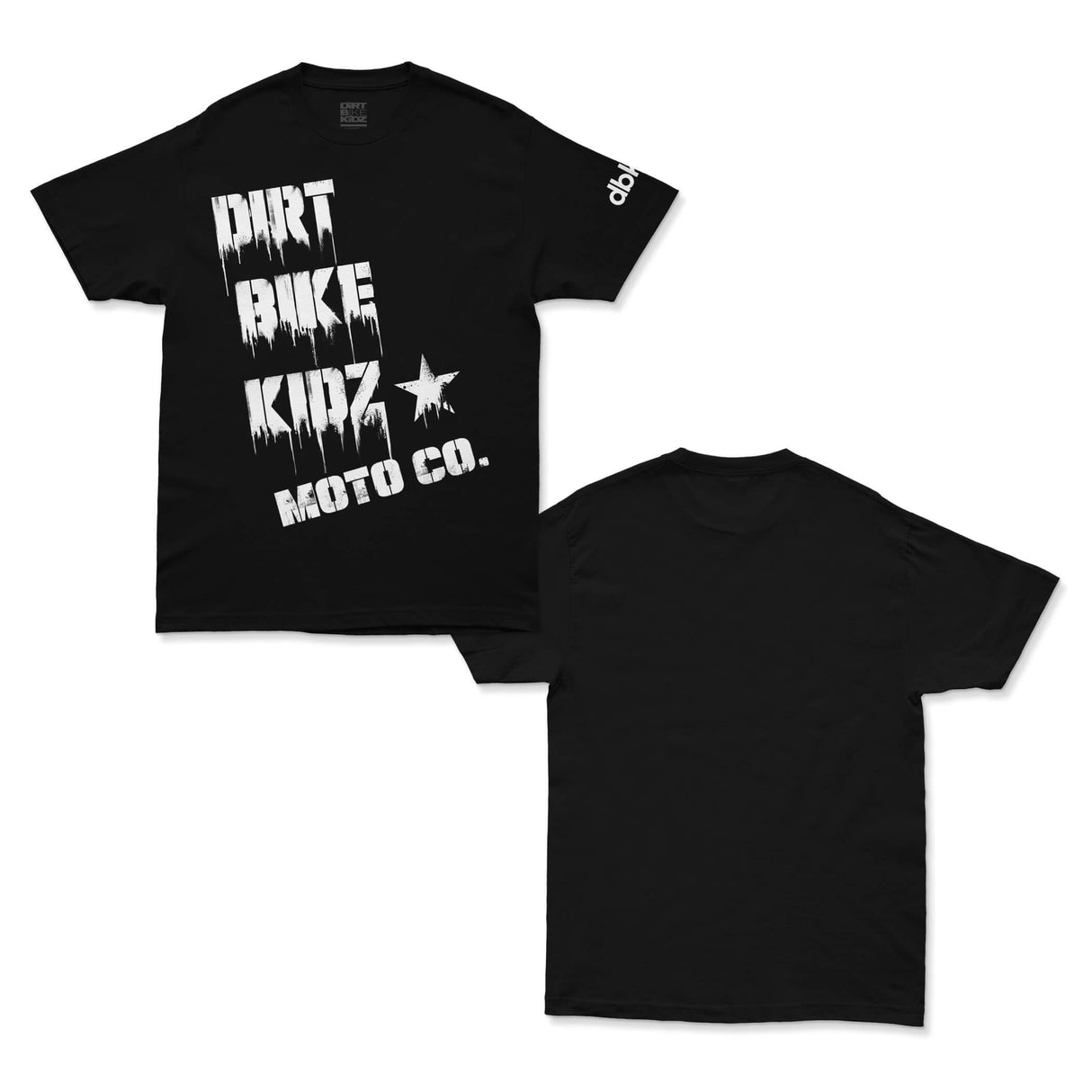 Two black graphic T-shirts shown together, one with front logo print