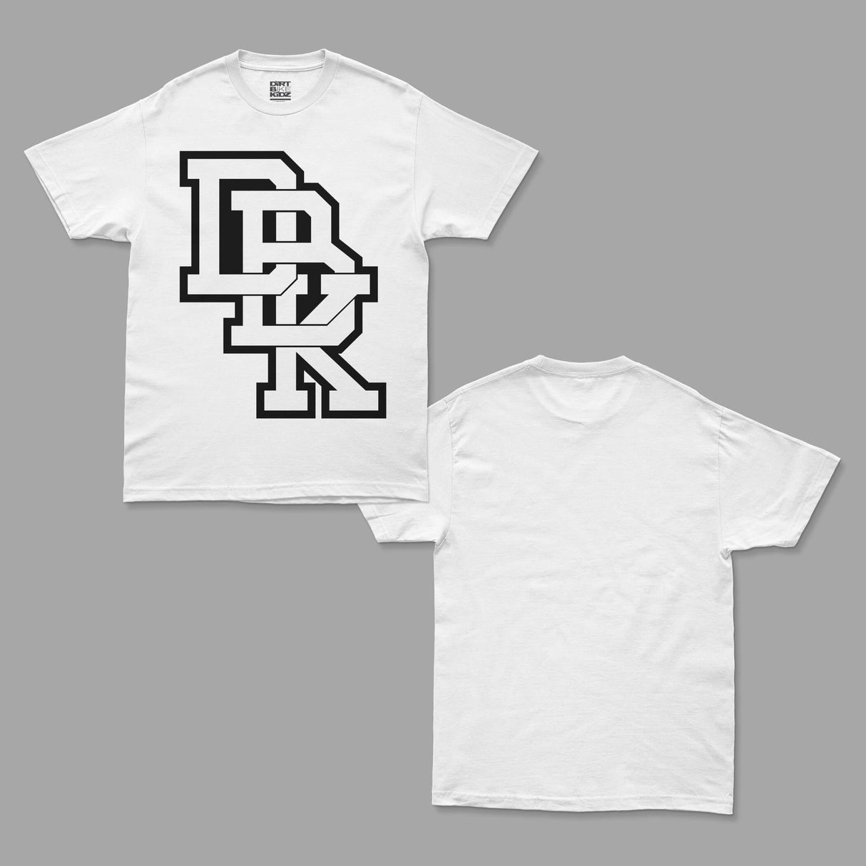 Two white crewneck T-shirts: one with black stacked logo, one plain